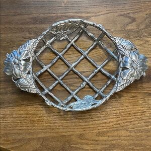 Vintage Silver Floral Heavy Forged Metal Basket  Signed by Artisan.  Staub 2002